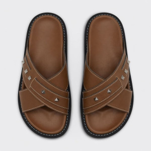 Classic Brown Cross Strap Slide Sandals with Studded Detail