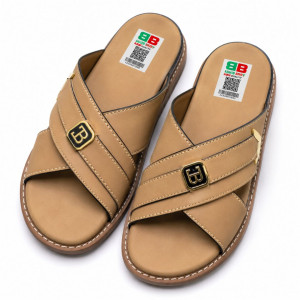 Mens Classic Beige Cross Strap Slide Sandals with Decorative Buckle Accent