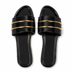 Womens Glossy Black Flat Slide Sandals  with  Gold Bar Detail