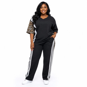 Womens Premium Black Textured Two Piece Casual Outfit with Leopard Print Sleeve