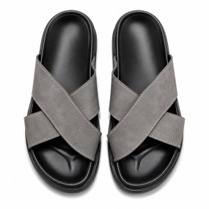Mens Cross Strap Comfort Slide Grey Sandals