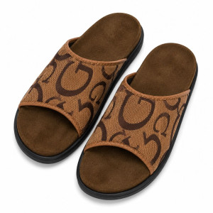Mens Brown Monogram Print Comfort Slide Sandals