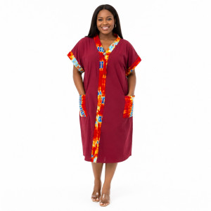 Womens Premium Burgundy Kaftan Dress with Multicolor Ankara Trim