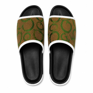 Unisex Monogram Brown and Green Print Slip On Slide Sandals
