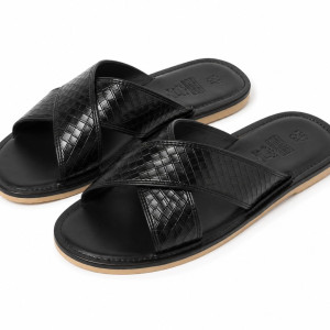 Mens Premium Textured Cross Strap Slip On Slide Sandals