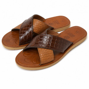 Mens Premium Two Tone Cross Strap Slide Sandals
