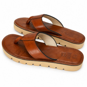Mens Brown Leather Toe Post Classic Slip On Flip Flops Sandals