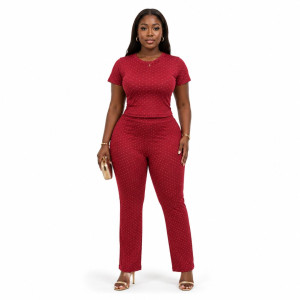 Women Burgundy Polka Dot TwoPiece Lounge Set