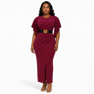 Burgundy Bodycon Midi Dress with Flared Sleeves & Statement Belt