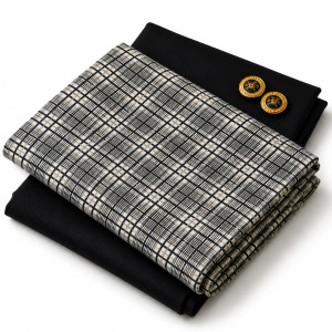 Premium Plain and Pattern Fabric Set     Black and Grey Check