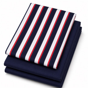 Premium Plain and Pattern cotton Fabric Set     Navy Blue  White and Red Stripe