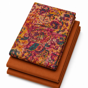 Premium Plain and Pattern Fabric Set      Rust Brown Paisley Print