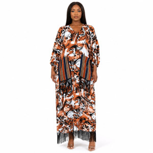 Women Abstract Print Fringe Maxi Dress