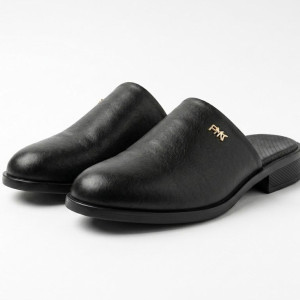 Mens Premium Black Slip On Mule Loafers with Metal Accent