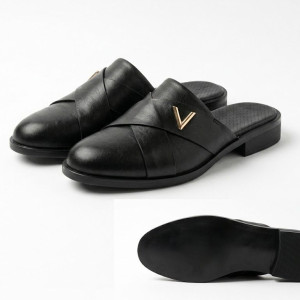 Mens Premium Black Slip On Mule Loafers with Metal V Accent