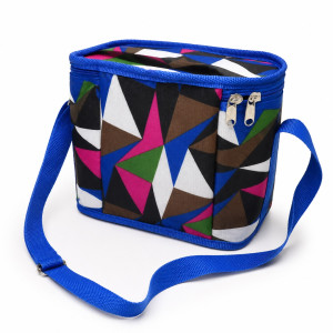 Insulated Geometric Print Lunch Bag with Shoulder Strap    Blue Trim