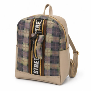 Plaid Mini Backpack with Front Zipper Pocket    Beige