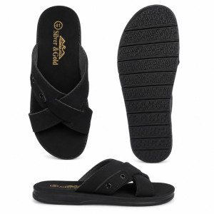 Mens Silver & Gold Black Cross Strap Slide Sandals