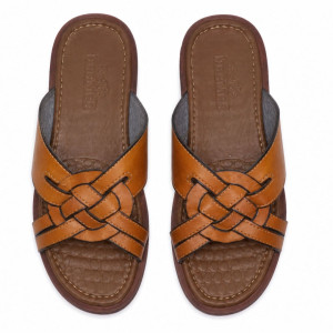Mens Brown Woven Cross Strap Slide Sandals