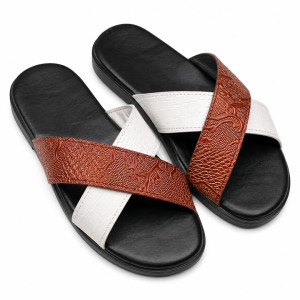 Mens Brown and White Cross Strap Slide Sandals