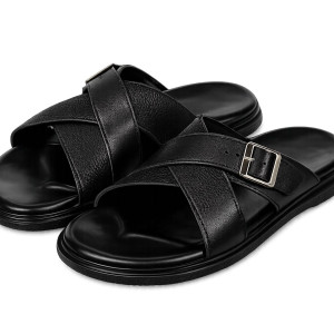Mens Black Cross Strap Buckle Slide Sandals