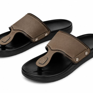 Mens Brown Open Toe Slip On Flat Sandals