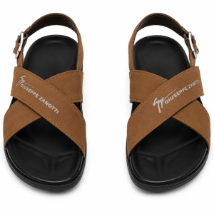 Mens Brown Cross Strap Buckle Slide Sandals