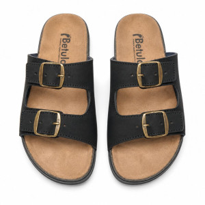 Mens Black Double Buckle Comfort Slide Sandals