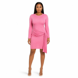 Pink LongSleeve Fitted Dress with Draped Detail