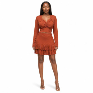 RustColored Long Sleeve Dress with Ruched Design