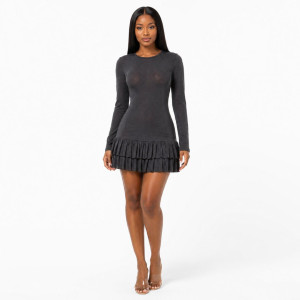 Womens Long Sleeve Black Dress with Ruffled Hem