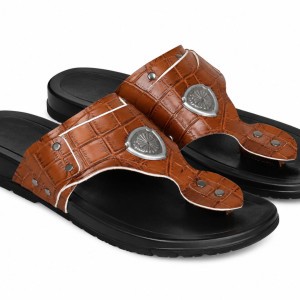 Mens Brown Crocodile Texture Toe Ring Leather Slide Sandals
