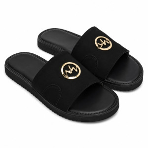 Mens Black SlipOn Slide Sandals with Gold Metal Emblem