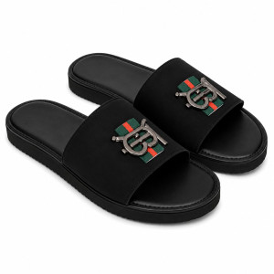 Mens Black Casual SlipOn Slide Sandals with Decorative Metal Accent