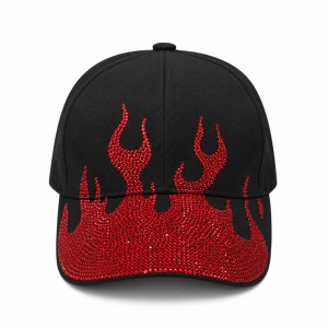 Premium Rhinestone Flame Baseball Cap    Black and Red