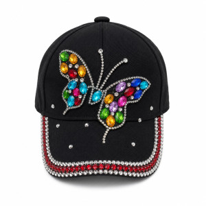 Premium Rhinestone Butterfly Baseball Cap     Black Multicolor