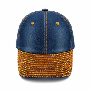 Premium Rhinestone  Denim Baseball Cap     Amber Crystal Brim