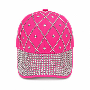 Premium Rhinestone Baseball Cap     Hot Pink and Silver