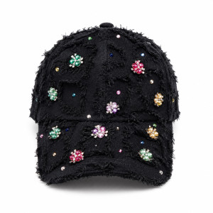 Premium Distressed Rhinestone Baseball Cap     Black Floral Crystal