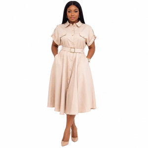 Premium Womens  Beige Belted Shirt Midi Dress