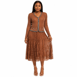 Premium Womens Brown Lace Pleated Midi Dress with Knit Jacket