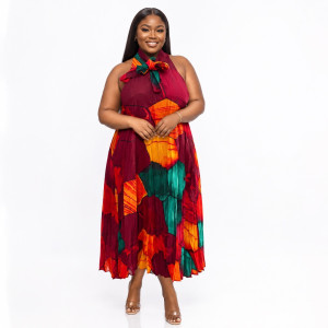 Womens Multicolor Pleated Halter Neck Midi Dress