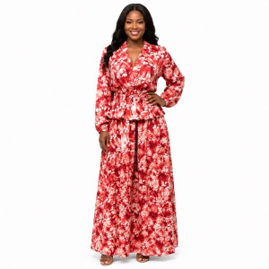 Womens Red Tie Dye Two Piece Peplum Top and Maxi Skirt Set