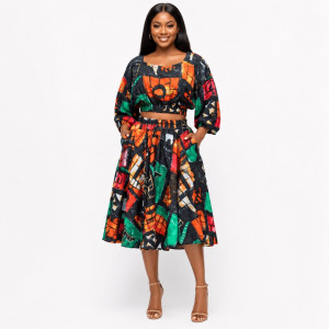 Womens Abstract Print Two Piece Crop Top and Midi Skirt Set