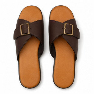 Womens Brown Cross Strap Buckle Flat Slide Sandals