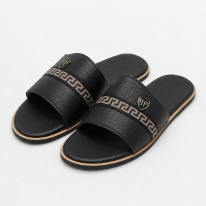 Mens Black Toe Loop Slide Sandals