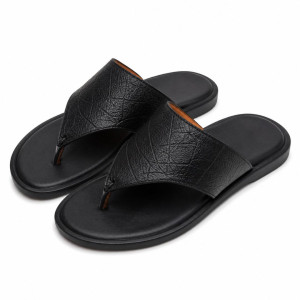Mens Black Toe Post Leather Slide Sandals