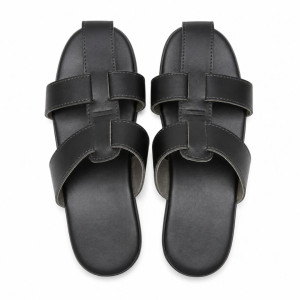 Mens Black Double Strap Open Toe Flat Sandals