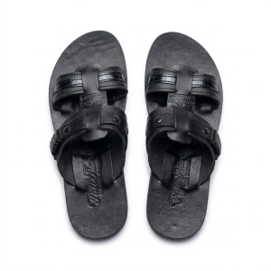 Mens Black Multi Strap Flat Slide Sandals