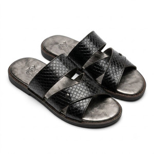 Mens Black Textured Cross Strap Slide Sandals